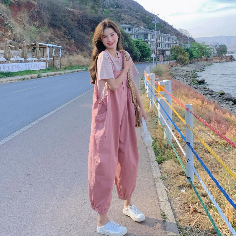 粉色甜酷减龄工装背带裤套装女夏天2024新款韩版减龄学院风连体裤