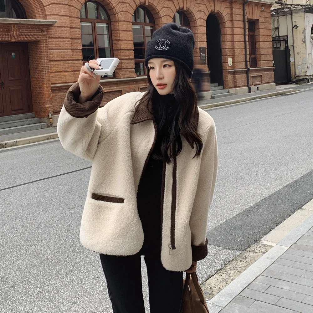 美拉德小香风羊 羔毛外套女秋冬2024新款皮毛一体流行轻熟风