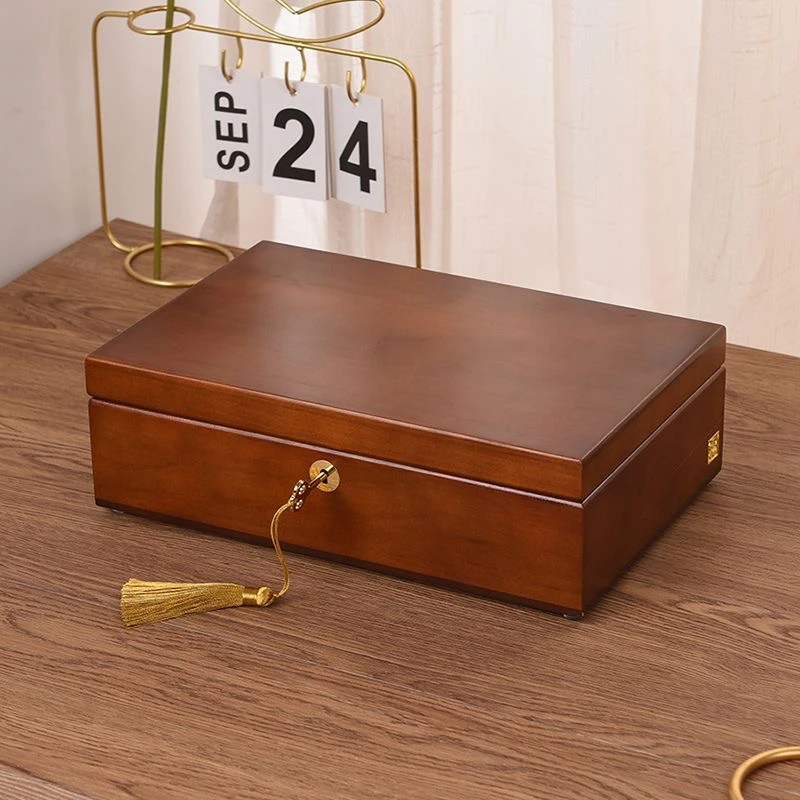 桌面网红实木首饰盒带锁包绒布黄金饰品手镯耳钉项链首饰收纳盒