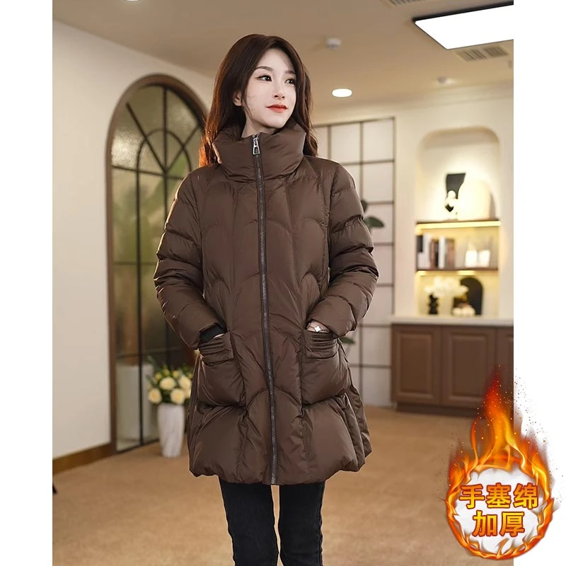 2024年秋冬季新款韩版时尚中长款高级感棉服女小个子洋气纯色外套