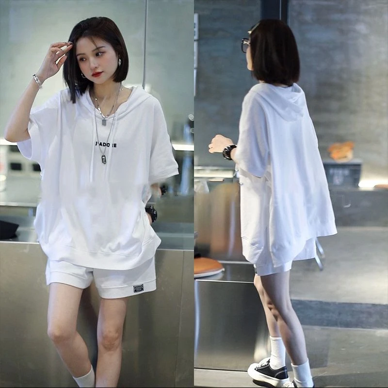 香朵儿时尚韩版显瘦两件套休闲套装女2025夏季新款连帽短袖短裤