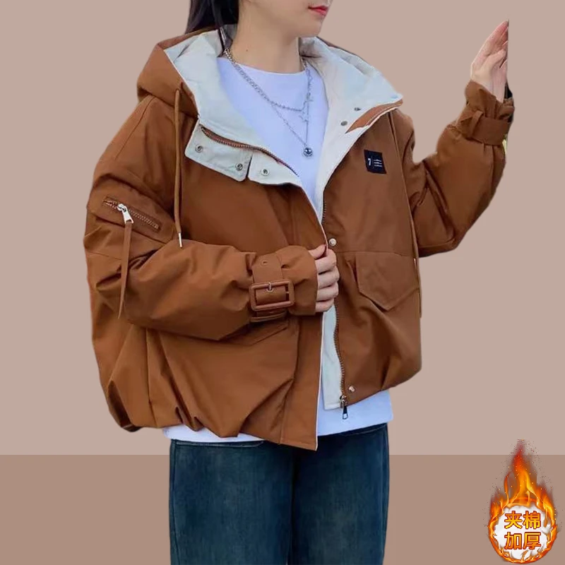 连帽开衫短款女士派克棉服2025秋冬季新款韩版设计感小个子棉衣女