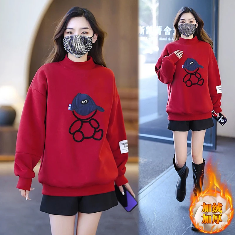 半高领红色卫衣女款2023秋冬新款加绒加厚中长款宽松卡通绣花外套