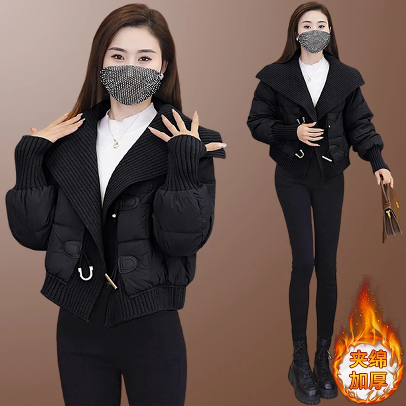 短款棉衣女2025冬季新款牛角扣针织拼接韩版设计感荷叶领女士棉服