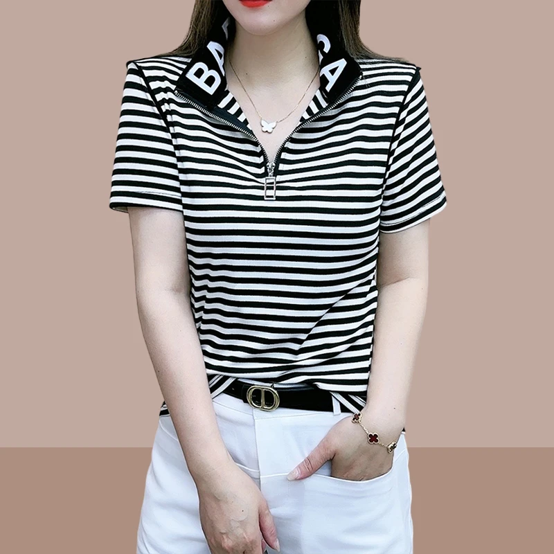 短袖T恤女2025年夏季新款清凉洋气立领个性欧货半拉链上衣服体恤