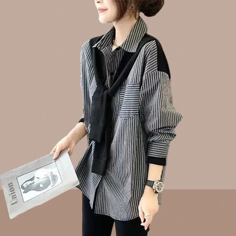 2025春秋新款网红衬衣女士欧货个性小众设计感假两件条纹长袖衬衫