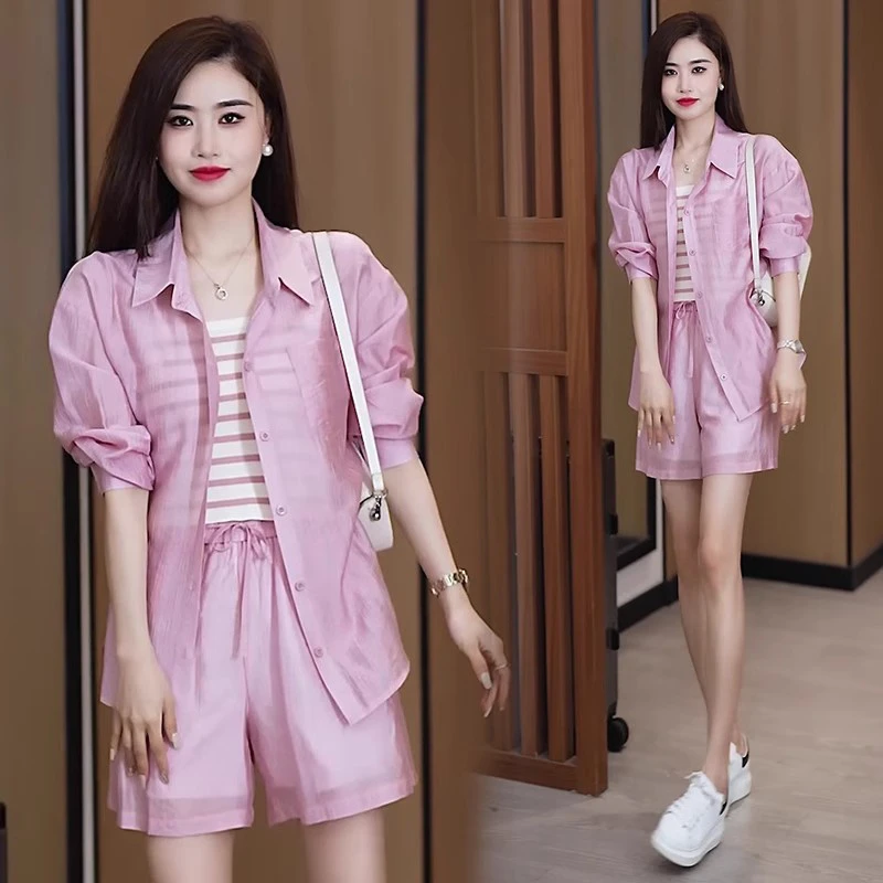 时尚显瘦防晒衬衫吊带短裤套装女士2025夏季新款气质小个子三件套