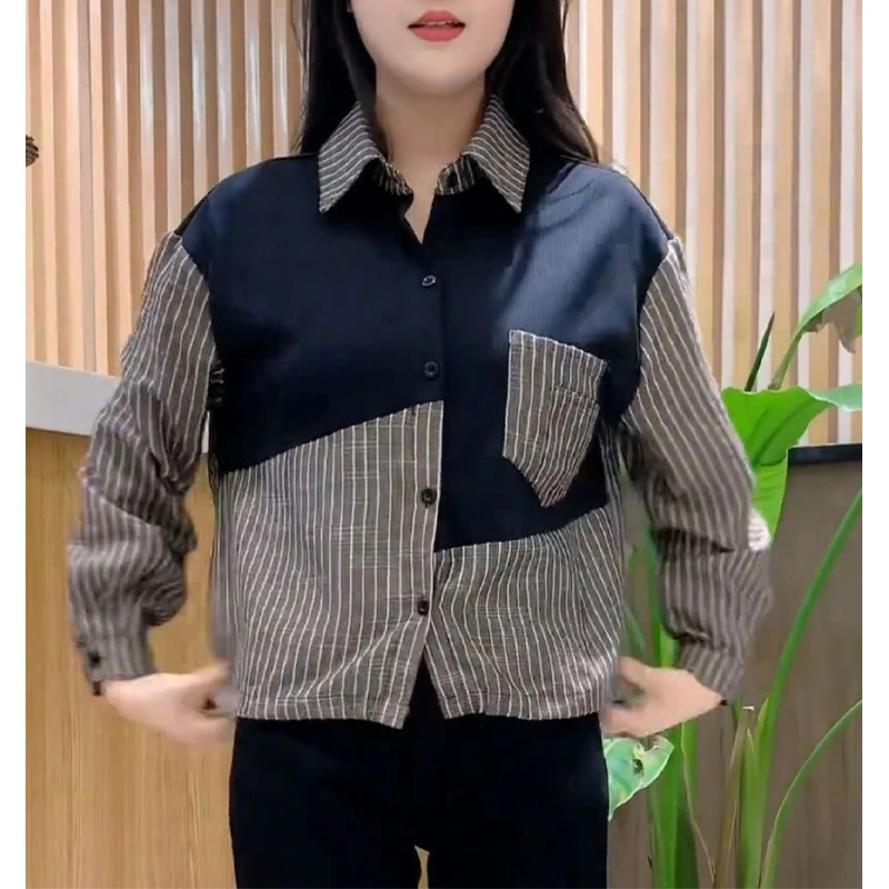 不对称小众时尚纽扣衬衫2025春秋季新款撞色条纹轻奢品质女装上衣