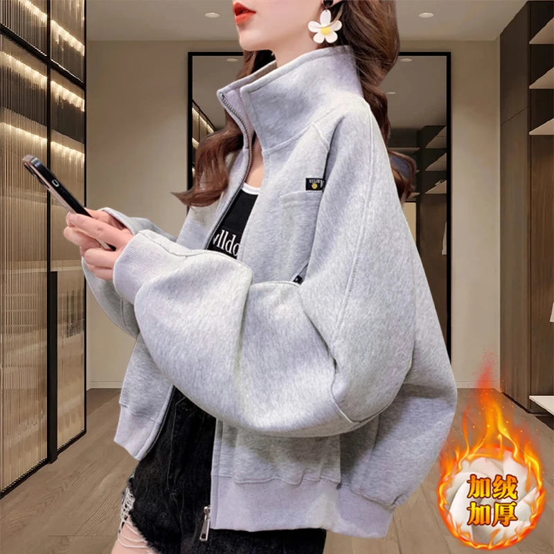 秋冬季新款女士加绒卫衣短外套2025爆款宽松长袖夹克开衫加厚上衣
