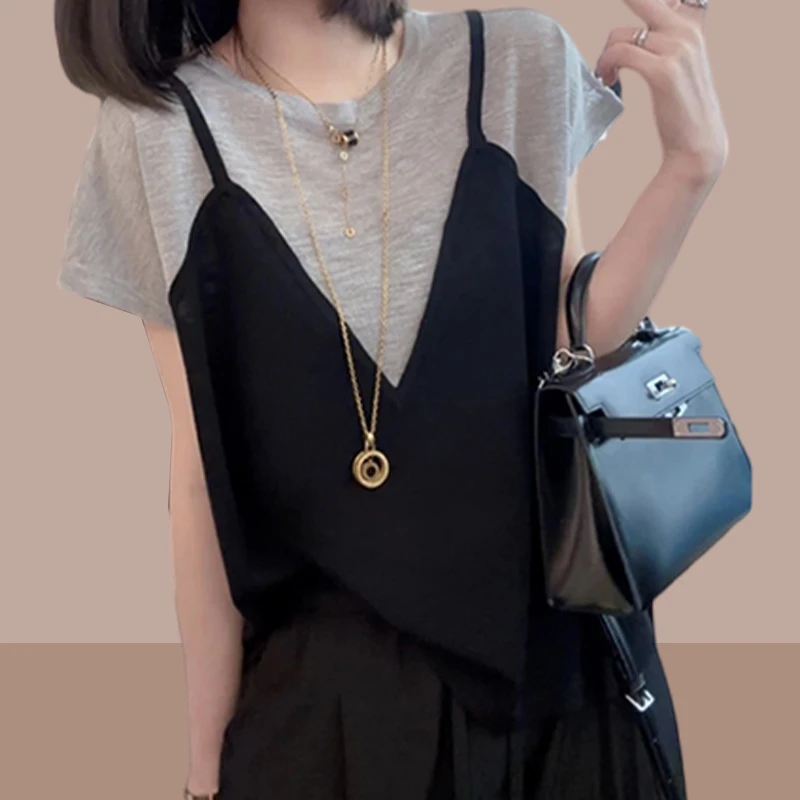 时尚爆款薄料圆领短袖上衣女士2025夏季新款拼接洋气假两件体恤