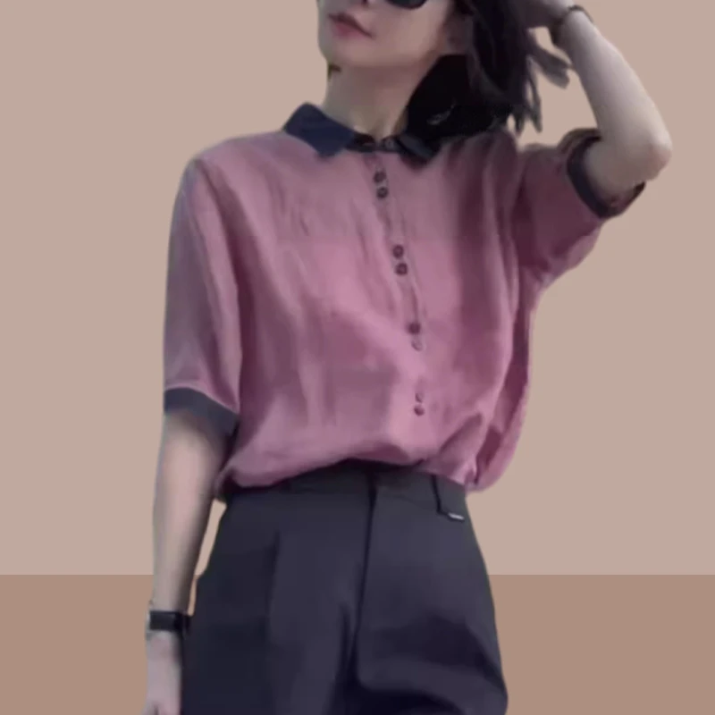 2025夏季新款女士复古气质衬衫上衣洋气宽松显瘦撞色翻领短袖衬衣