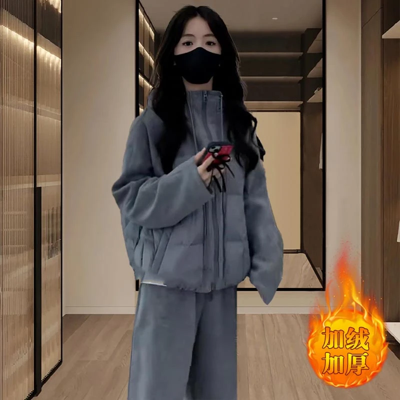 韩版时尚设计感棉服拼接外套配加绒裤子两件套潮2025年秋冬季新款