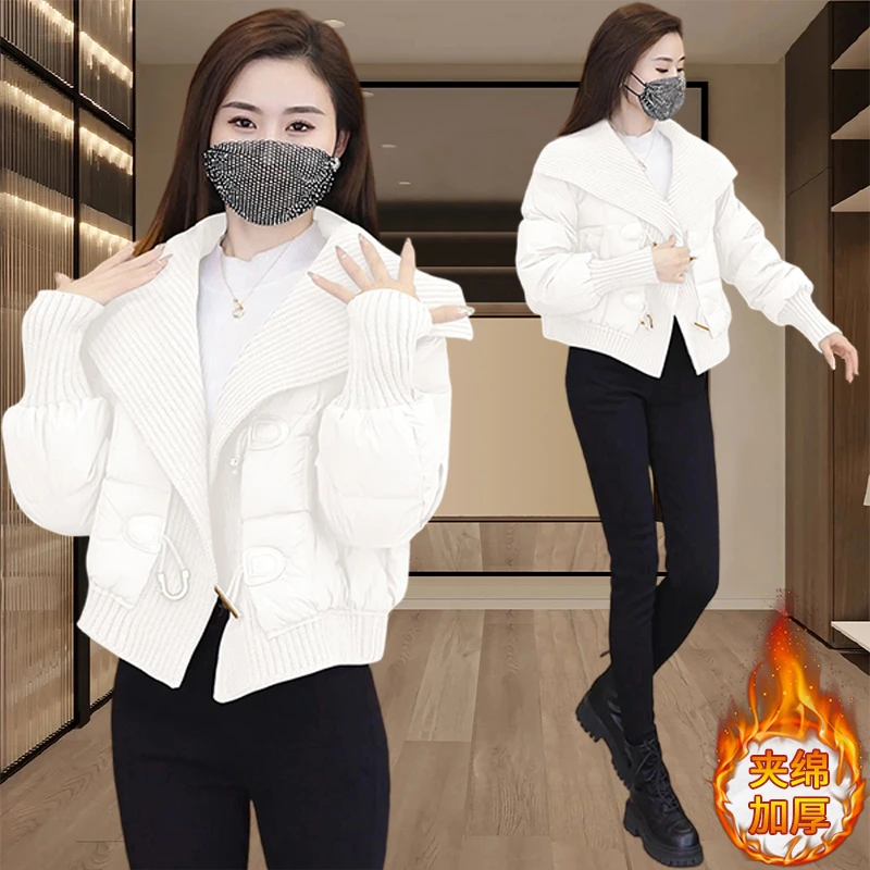 2025冬季新款牛角扣针织棉服外套女韩版设计感荷叶领短款棉衣棉袄