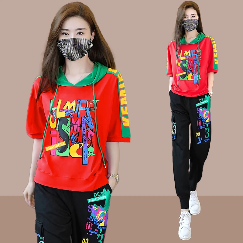 夏季舒适运动服套装女夏新款连帽短袖T恤显瘦大码长裤休闲两件套