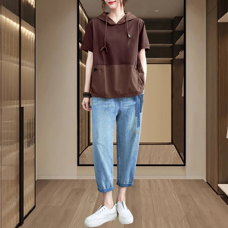 夏季大码连帽短袖T恤女士2025新款微胖宽松显瘦女装洋气薄款上衣