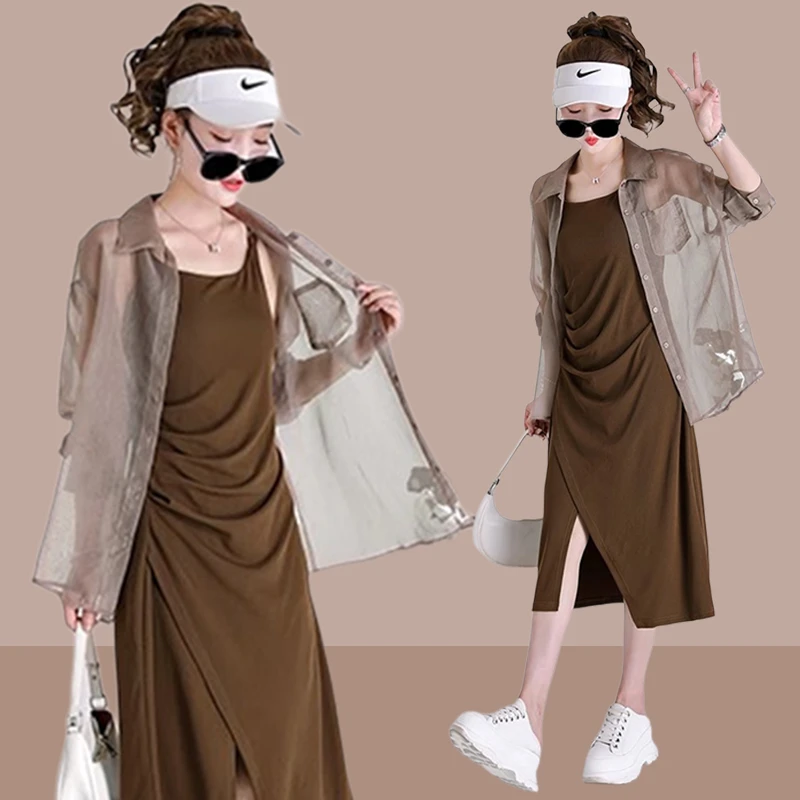 2025夏季新款休闲时尚裙套装女轻薄清凉防晒衬衫开叉吊带裙两件套