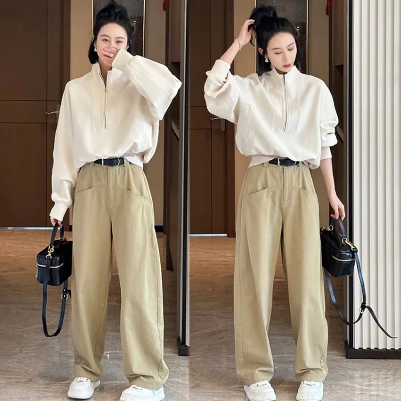 宽松显瘦半拉链胖妹妹大码女装套装2026秋新款时尚卫衣长裤两件套