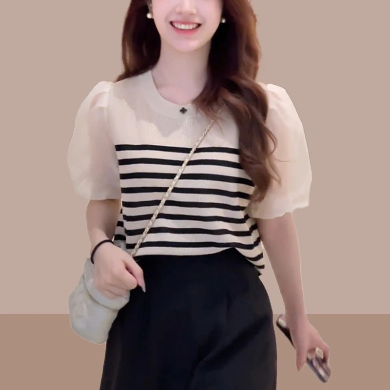 夏季冰丝薄款短袖t恤女小个子爆款2025新款泡泡袖百搭上衣服
