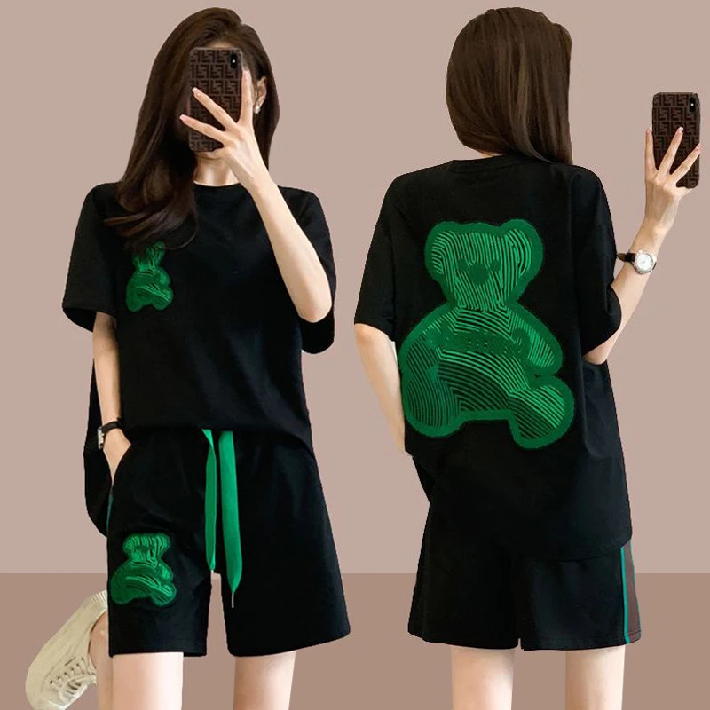 小熊刺绣运动服套装女夏2025新款韩版时尚洋气短袖短裤休闲两件套