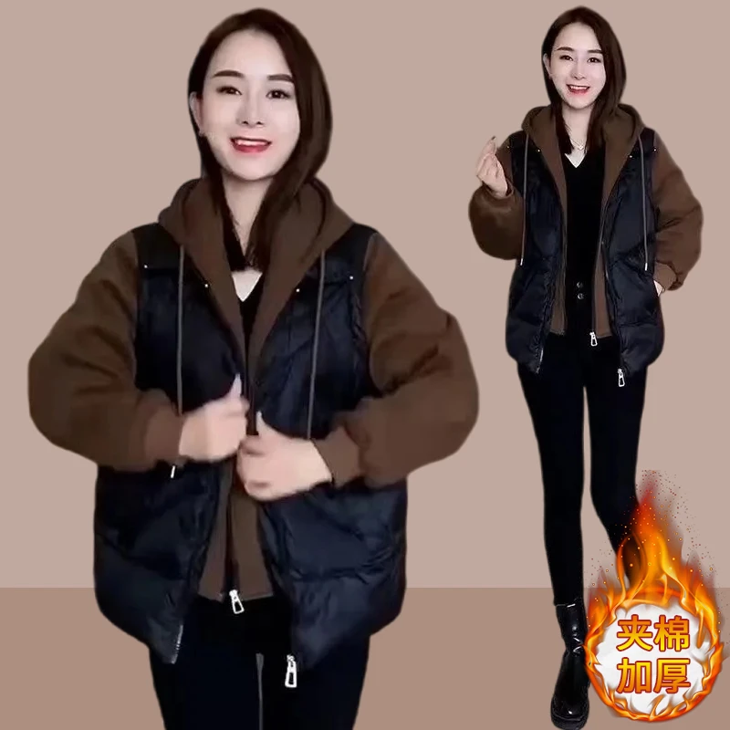 2025冬季设计感假两件棉服夹棉外套女小个子新款爆款加厚连帽棉衣