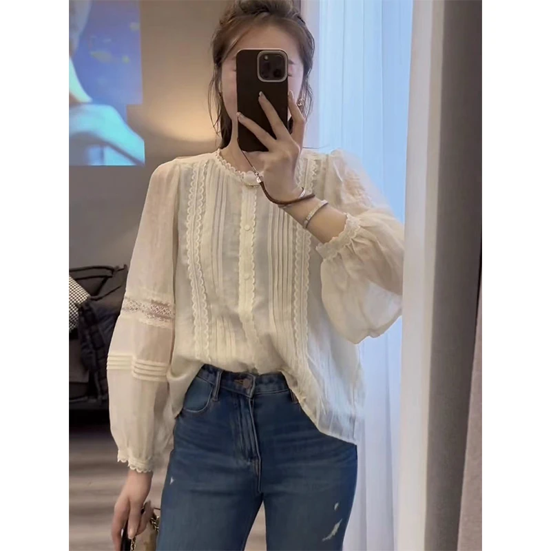 蕾丝拼接小众洋气高级轻奢女装衬衫2025春秋季新款时尚设计打底衫