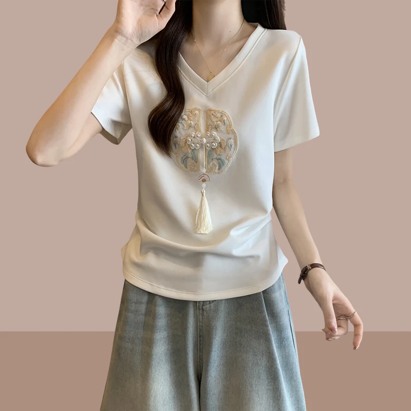 新中式刺绣短袖t恤女装2025夏季新款宽松不规则设计感V领体恤上衣