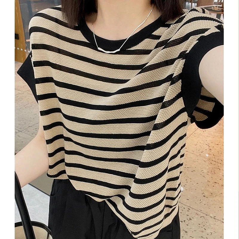 2025夏季新款轻薄条纹短袖T恤女款法式洋气气质宽松显瘦百搭上衣