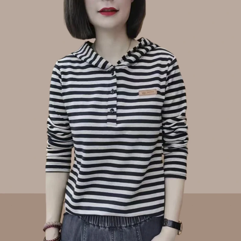 显瘦洋气长袖t恤女连帽2025春秋新款韩版休闲百搭条纹打底衫上衣