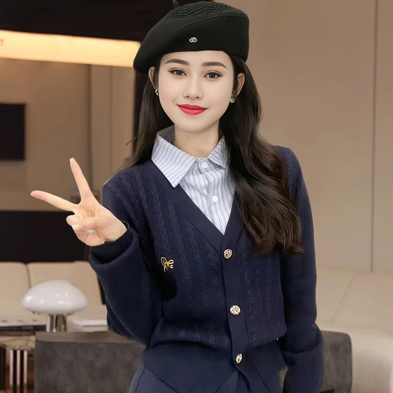 女士长袖假两件针织衫秋季2025新款复古时尚高档毛衣百搭显瘦上衣