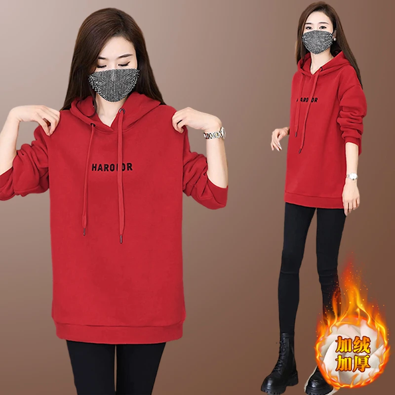 秋冬季加厚加绒连帽卫衣女士新款2025爆款中长款遮臀洋气上衣外套