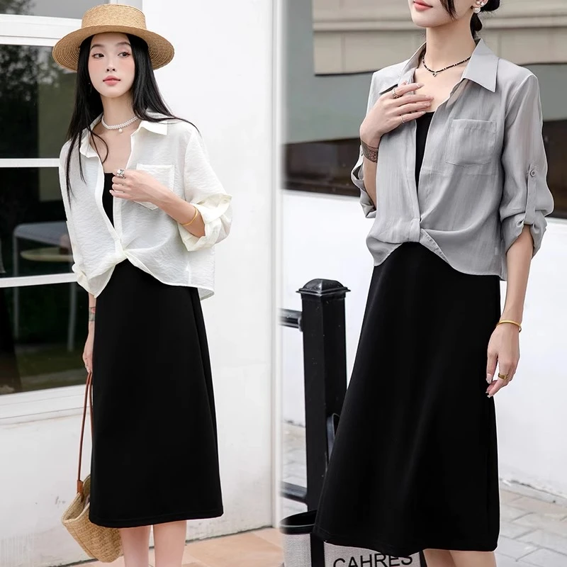 休闲时尚胖妹妹大码女装套装2025夏新款轻薄衬衫吊带连衣裙两件套