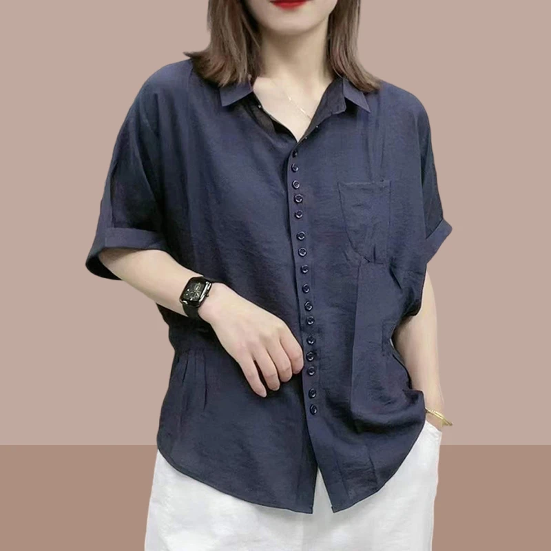 香朵儿洋气衬衫气质衬衣短袖女2025年夏装新款大码遮肚百搭上衣