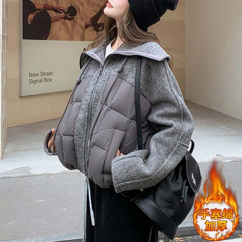 高级感翻领拼接加厚保暖外套女2024年秋冬季新款设计感时尚棉服潮