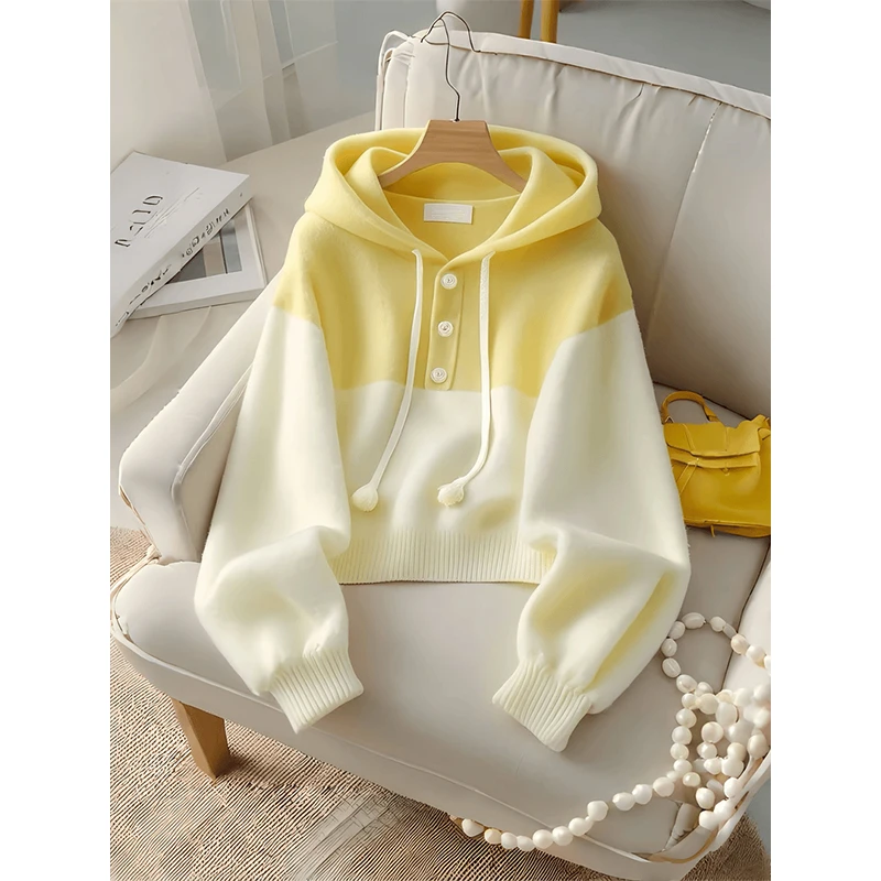 2025早秋新款法式复古撞色黄色连帽毛衣慵懒高级感女装洋气针织衫