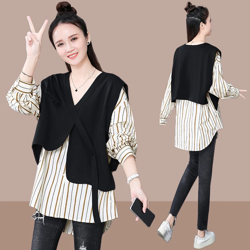 2025春秋新款女士长袖衬衫假两件大码宽松胖mm遮肚子显瘦衬衣上衣
