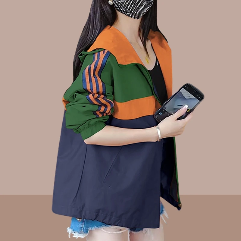 新款拼色外套女连帽2025夏季新款韩版时尚百搭宽松轻薄透气防晒服