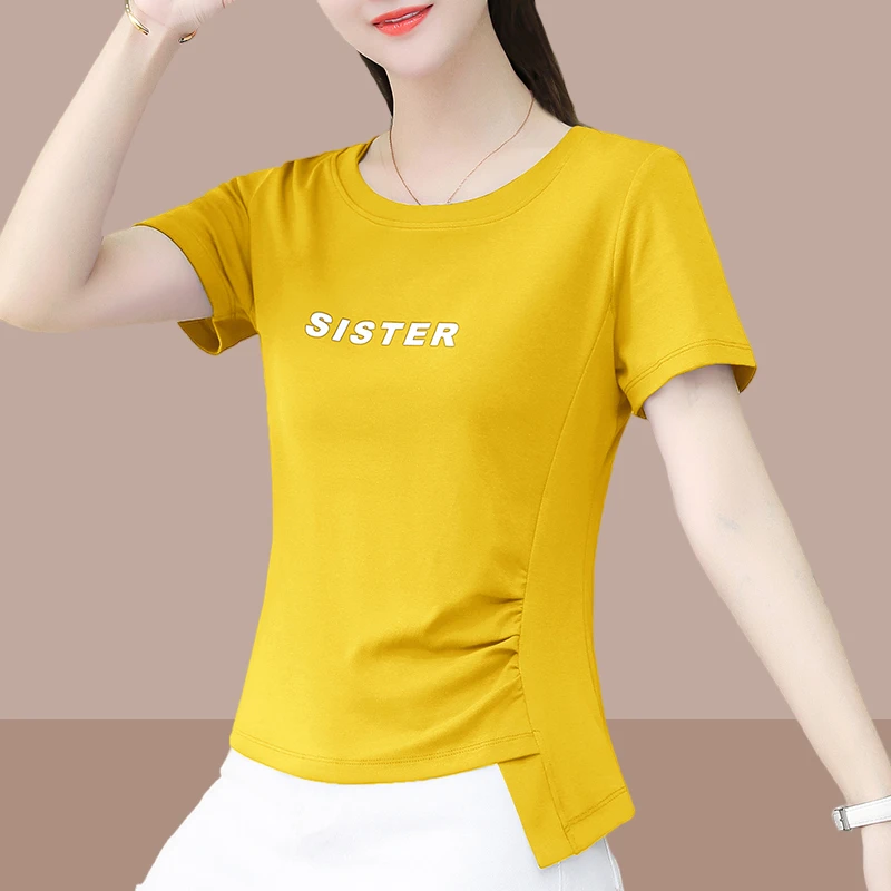 夏季新款正肩短上衣简约显瘦百搭洋气小众休闲圆领短袖t恤女夏装