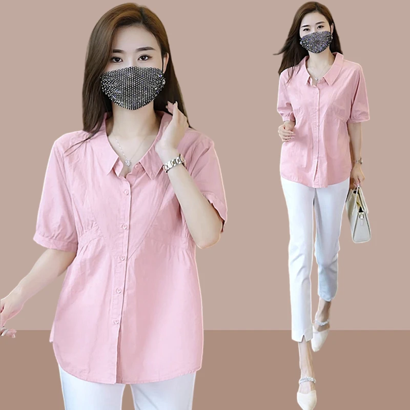 职场女士POLO领短袖衬衫夏季新款时尚洋气百搭上衣减龄显瘦衬衣服