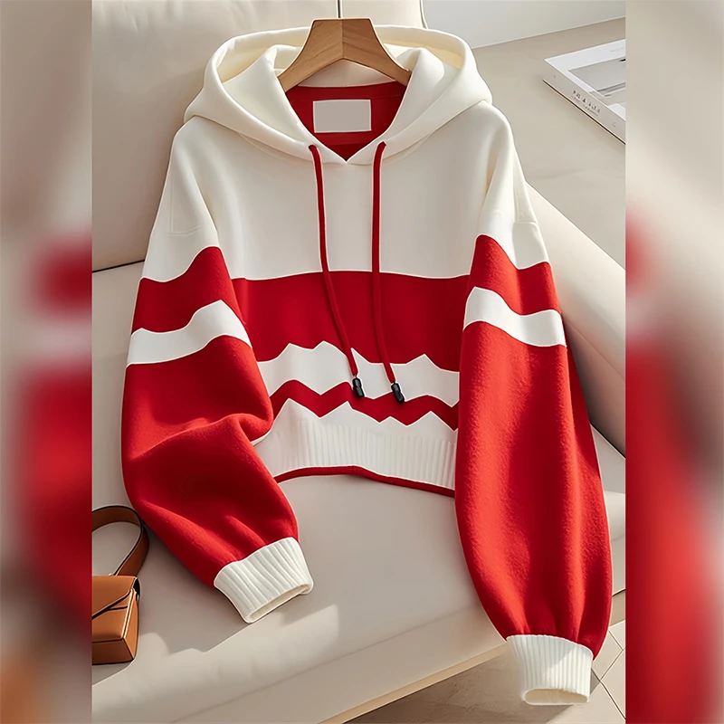 香朵儿洋气红白不规则撞色拼接连帽衫2025春秋新款品质女装针织衫