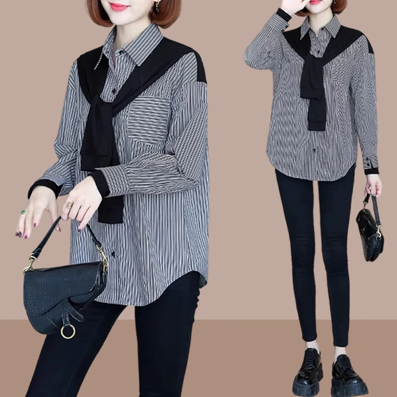 披肩条纹假两件衬衫女款2025年秋季新款宽松显瘦洋气百搭大码衬衣