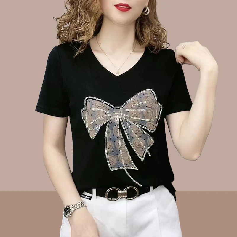 简约V领短袖T恤女夏季新款时尚妈妈装欧洲站休闲百搭洋气短款上衣