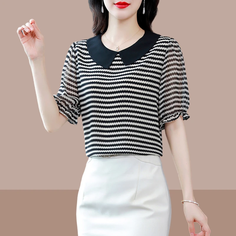 娃娃领黑色条纹衬衫女短袖夏季新款小衫减龄洋气薄款宽松雪纺上衣