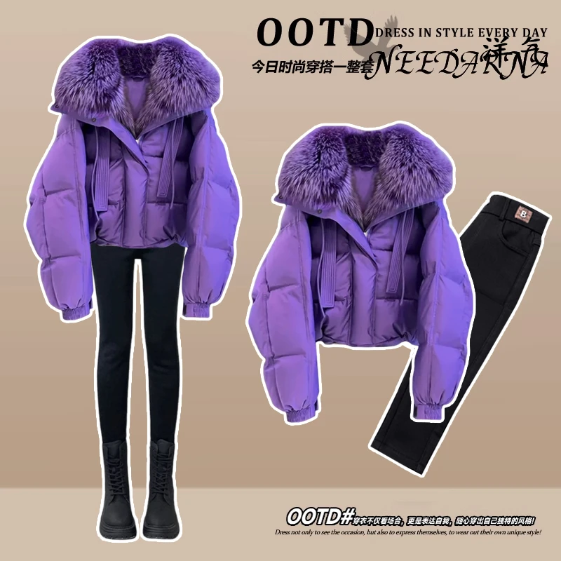 大码秋季小香风套装女高级感保暖加厚棉服搭高腰显瘦牛仔裤两件套