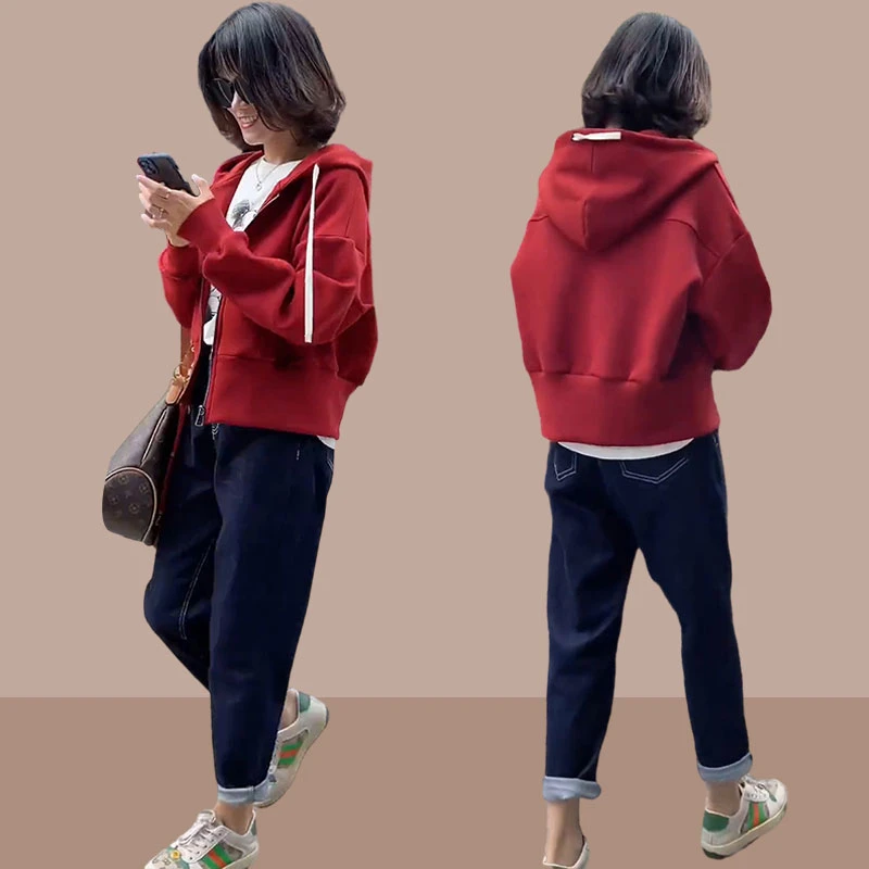 连帽衫卫衣女短外套春秋冬季新款加绒加厚小个子长袖上衣开衫拉链