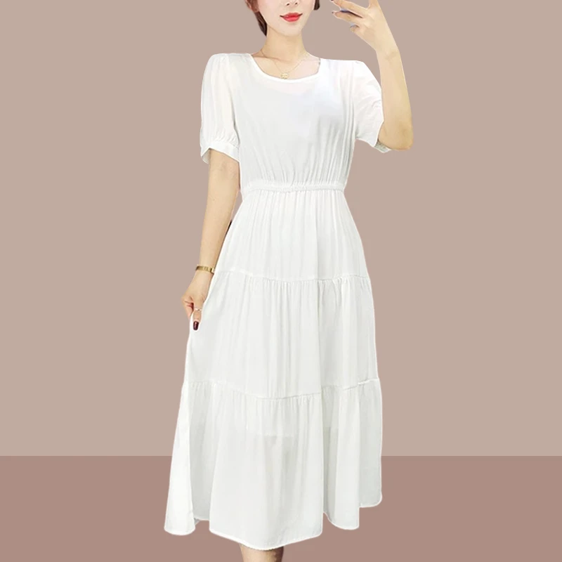 女士高档连衣裙夏季新款气质优雅公主袖百搭休闲收腰仙女中长裙子