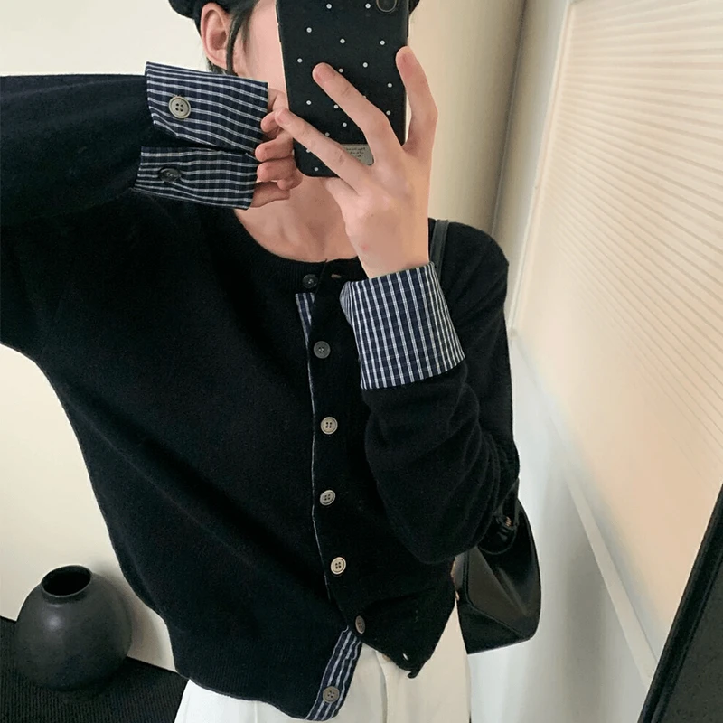 2025春秋新款格纹拼接袖口针织开衫女复古高级感打底衫上衣可外穿