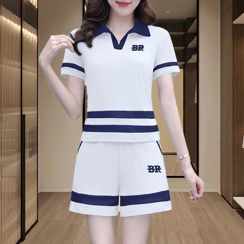 休闲运动套装女士2025夏季新款POLO领上衣短袖显瘦短裤时尚两件套