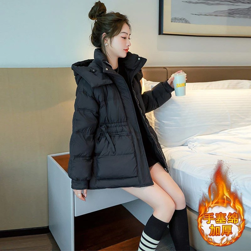 香朵儿韩版高级感棉服女2025秋冬新款宽松中长款收腰显瘦棉衣外套