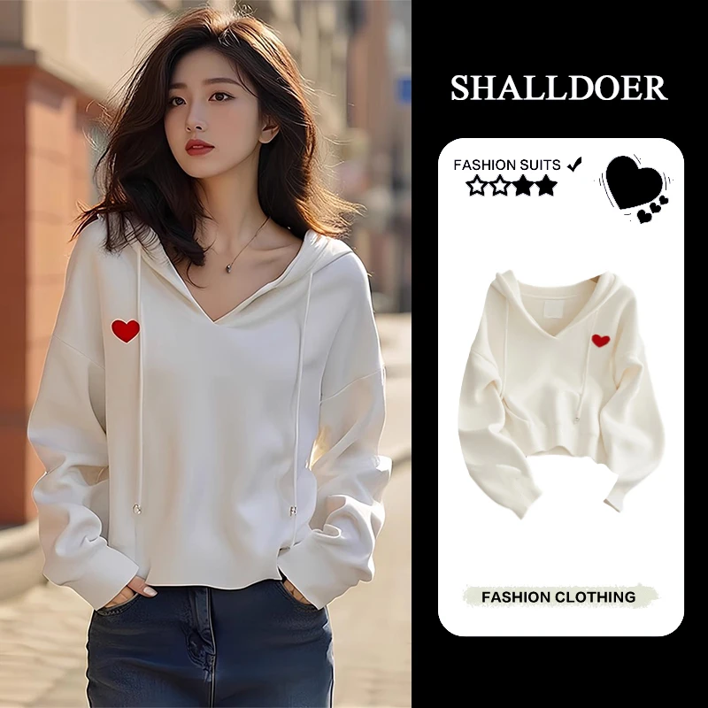 小众白色爱心连帽卫衣女款2025新款秋冬季慵懒风韩系穿搭chic上衣