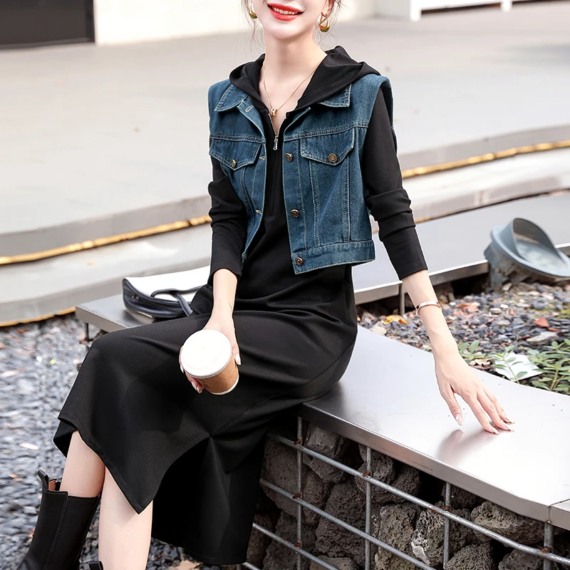 时尚牛仔马甲连帽连衣裙两件套2025秋新款轻奢小众高级感女装套装